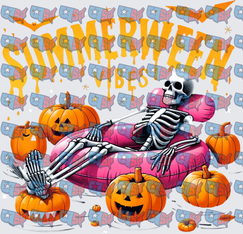 Summerween Vibes Skeleton Relaxing On Pink Pool Float With Pumpkins (DTF)