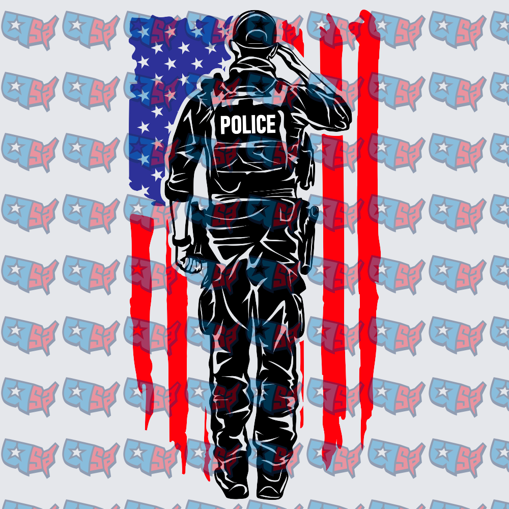 Police Officer Saluting Distressed American Flag (DTF)