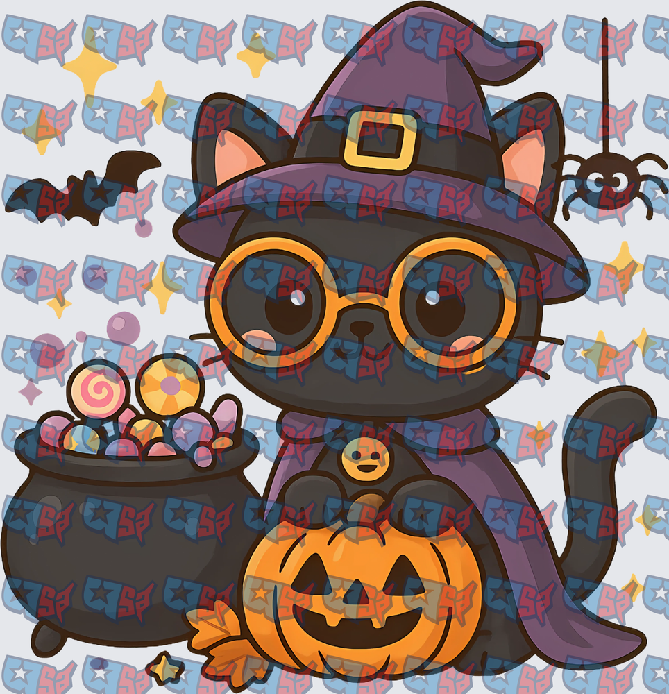 Cute Black Witch Cat Halloween Candy Cauldron Pumpkin (DTF)