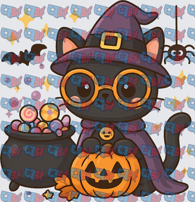 Cute Black Witch Cat Halloween Candy Cauldron Pumpkin (DTF)