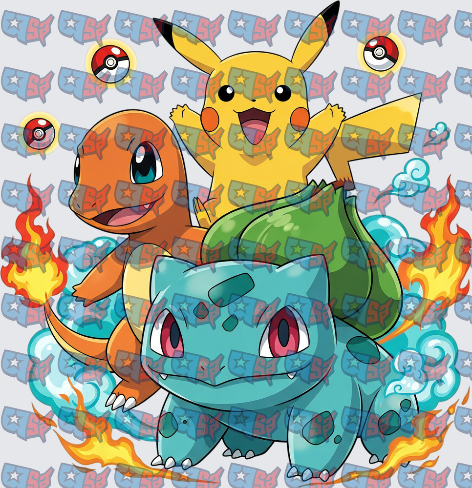 Pikachu Charmander Bulbasaur Starter Squad with Pokeballs (DTF)
