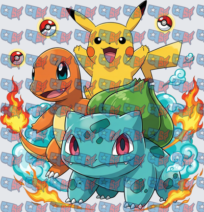Pikachu Charmander Bulbasaur Starter Squad with Pokeballs (DTF)