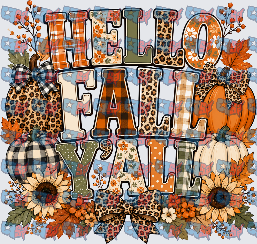 Hello Fall Y'all Pumpkin Sunflower Leopard Plaid (DTF)
