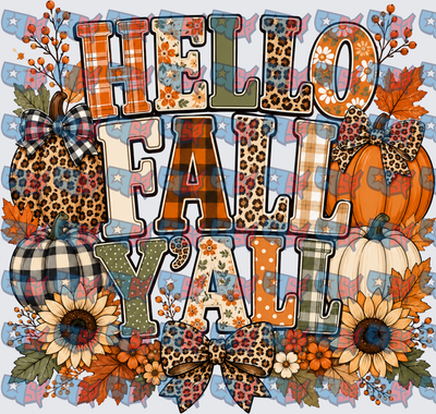 Hello Fall Y'all Pumpkin Sunflower Leopard Plaid (DTF)
