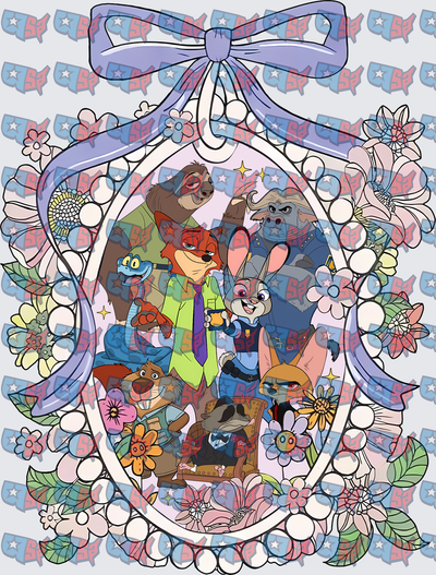 Zootopia Characters Floral Cameo Frame with Bow (DTF)