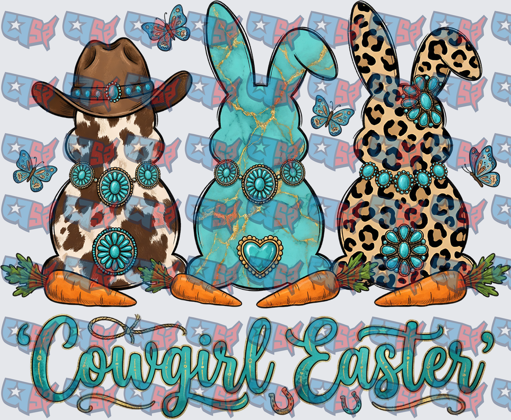 Cowgirl Easter Western Bunnies Turquoise Leopard Cowhide (DTF)