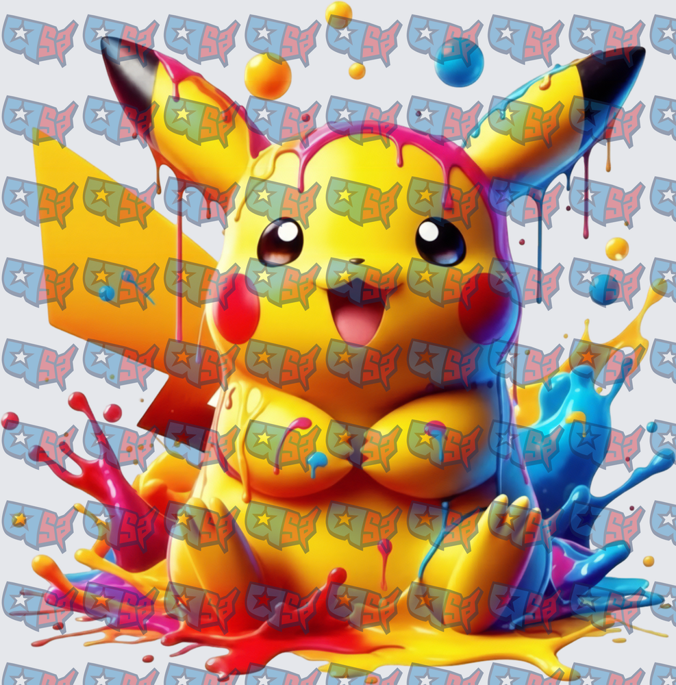 Cute Yellow Electric Mouse Colorful Paint Splash (DTF)