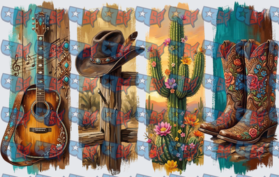 Western Guitar Hat Cactus Cowboy Boots Collage (DTF)