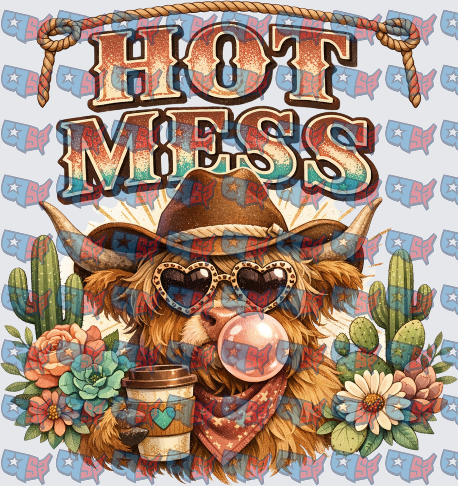 Hot Mess Highland Cow Cowboy Bubblegum Coffee (DTF)