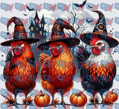 Three Halloween Witch Hat Chickens With Pumpkins (DTF)