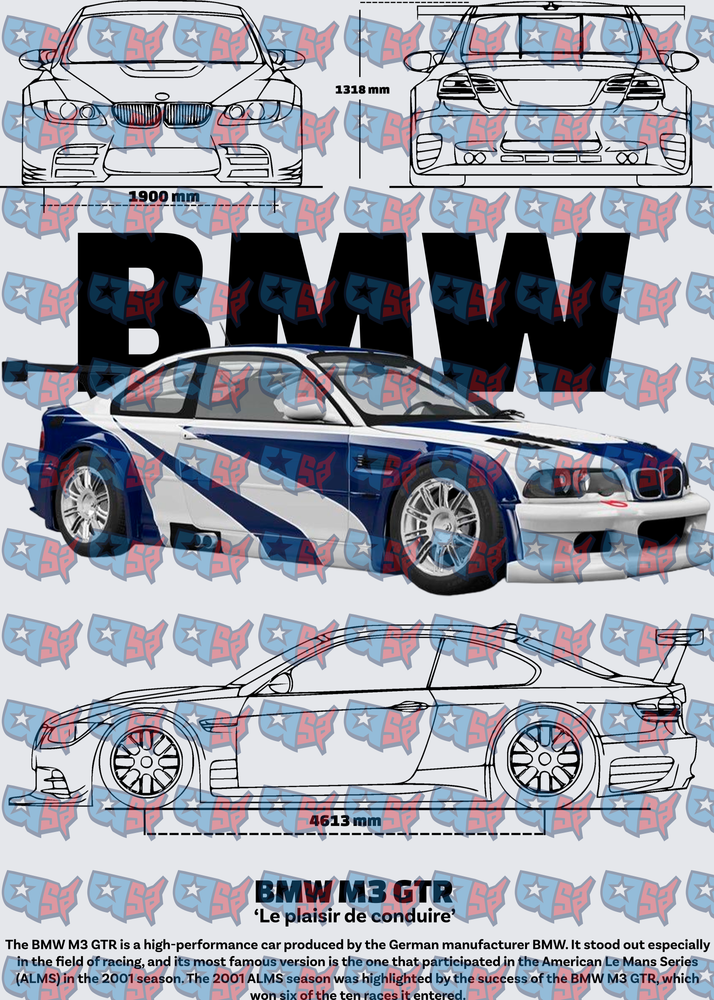 BMW M3 GTR Blueprint Racing Car Technical Diagram (DTF)