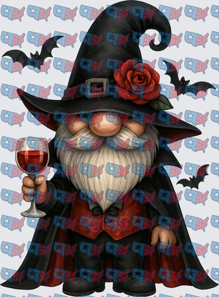 Halloween Witch Gnome Holding Red Wine Glass (DTF)