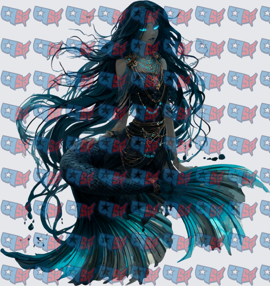 Dark Mermaid Glowing Eyes Long Hair Gold Jewelry (DTF)