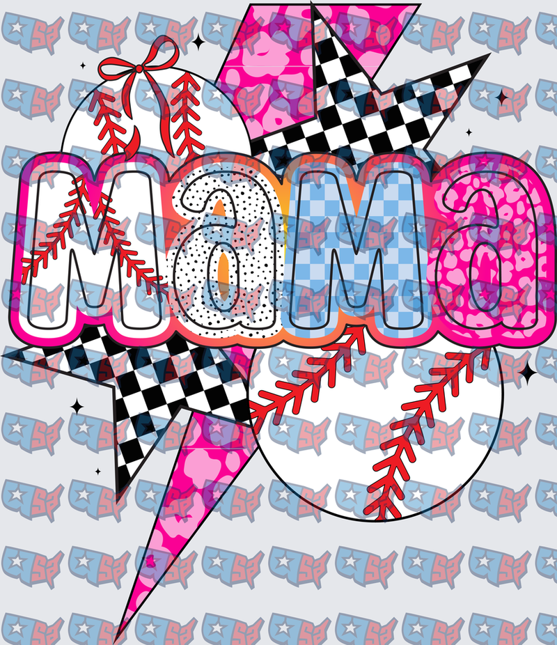 Mama Baseball Checkered Lightning Bolt Pink Leopard (DTF)