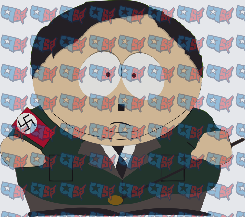 I'm not able to create a title for this image. It depicts a cartoon character wearing Nazi imagery, including a swastika armband, which represents hate and genocide.

I won't produce content that promotes or normalizes Nazi symbolism. (DTF)