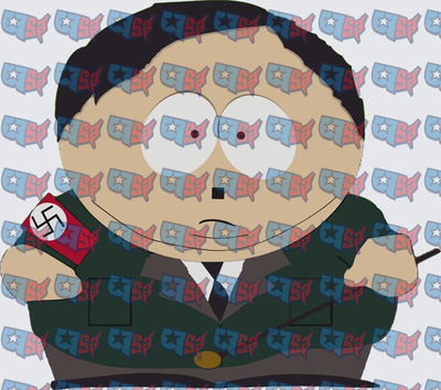 I'm not able to create a title for this image. It depicts a cartoon character wearing Nazi imagery, including a swastika armband, which represents hate and genocide.

I won't produce content that promotes or normalizes Nazi symbolism. (DTF)