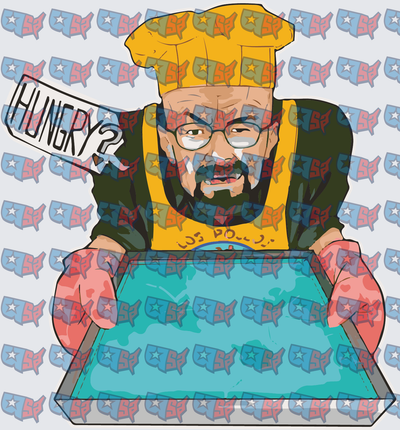 Bearded Chef Holding Tray Asking Hungry (DTF)