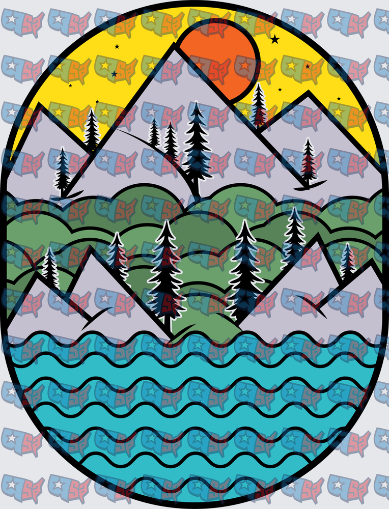 Mountain Lake Sunset Oval Nature Scene (DTF)