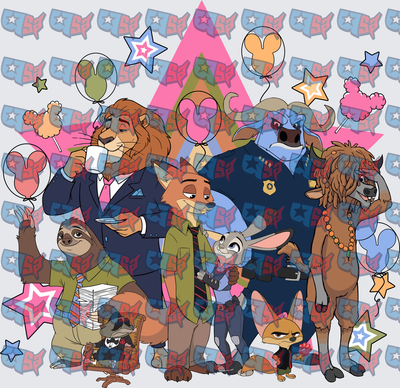Zootopia Character Group Scene with Balloons and Stars (DTF)