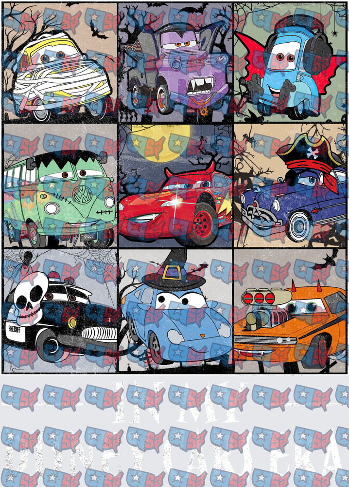 Halloween Animated Cars Characters Nine Panel Grid (DTF)