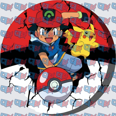 Ash Ketchum and Pikachu Cracked Pokeball Circle (DTF)