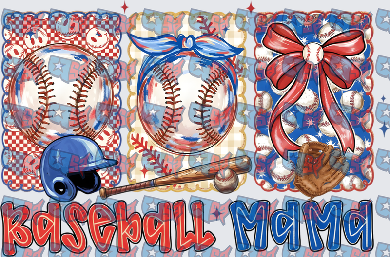 Baseball Mama Red White Blue Bow Bandana Design (DTF)