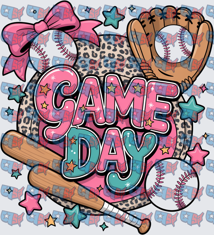 Game Day Baseball Leopard Pink Bow Stars Design (DTF)