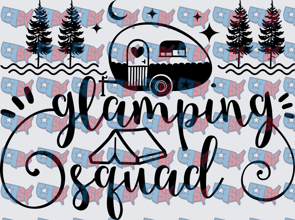 Glamping Squad Camper Trailer Pine Trees Script (DTF)