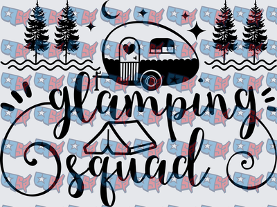 Glamping Squad Camper Trailer Pine Trees Script (DTF)