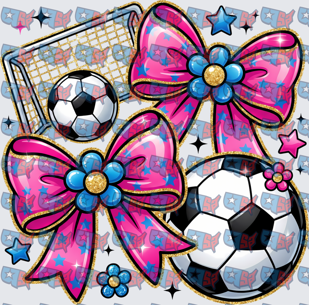 Pink Glitter Bows Soccer Balls Goal Collage (DTF)