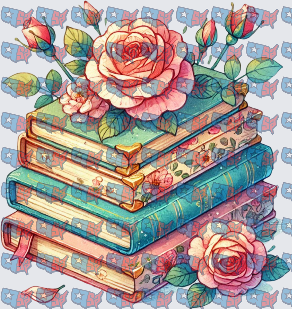 Stacked Books With Pink Roses Watercolor (DTF)