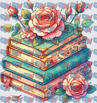 Stacked Books With Pink Roses Watercolor (DTF)
