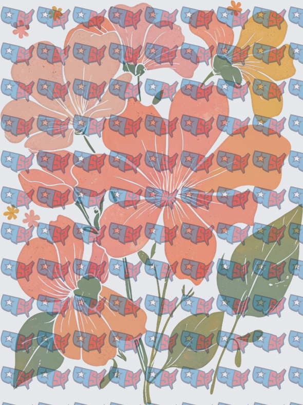 Retro Coral Hibiscus Floral Botanical Illustration (DTF)
