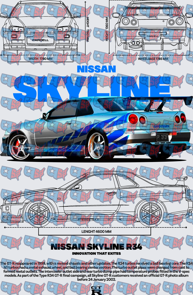 Nissan Skyline R34 Blueprint Technical Diagram (DTF)