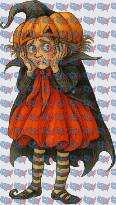Frightened Girl Pumpkin Hat Halloween Witch Costume (DTF)