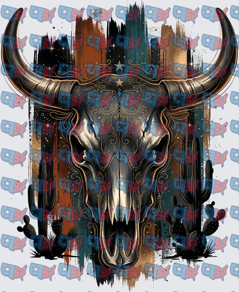 Ornate Bull Skull Western Desert Cactus Design (DTF)