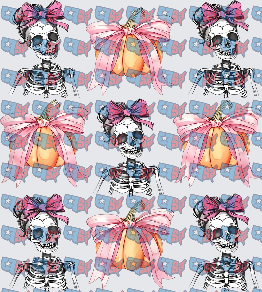Messy Bun Skeleton Girls Pink Bow Pumpkins Pattern (DTF)