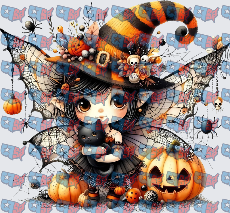 Cute Halloween Witch Girl With Black Cat And Pumpkins (DTF)