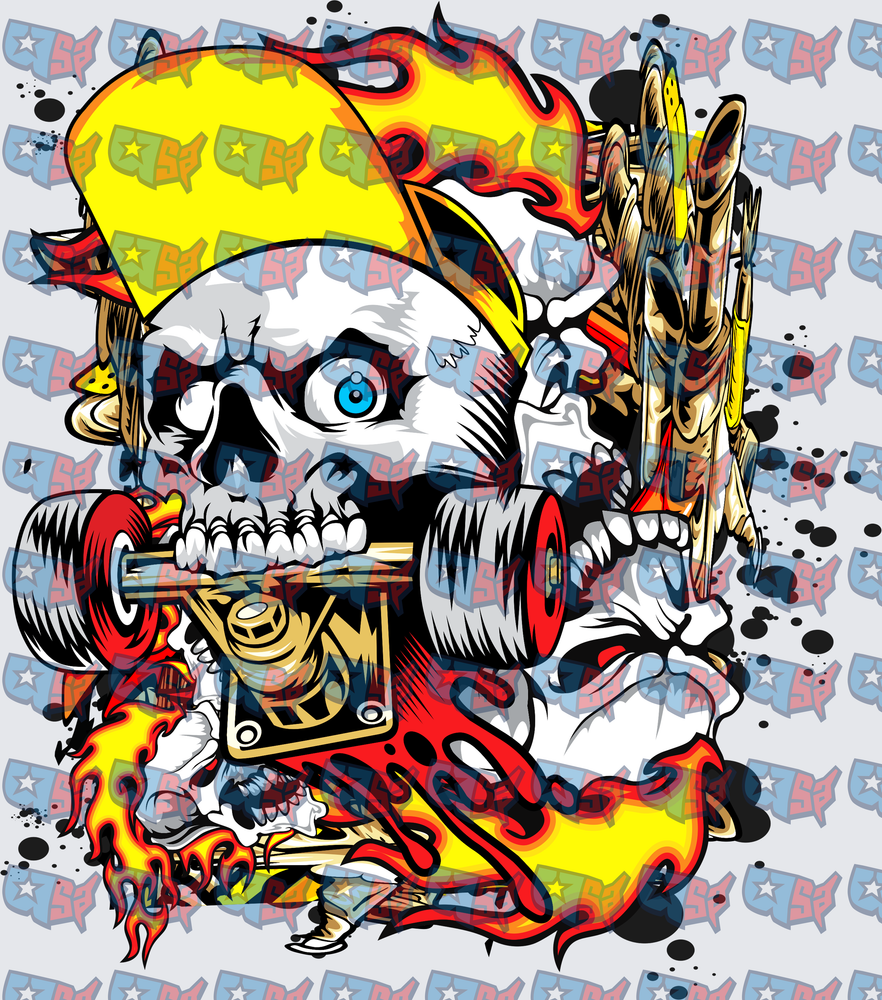 Flaming Skull Biting Skateboard Truck Yellow Cap (DTF)