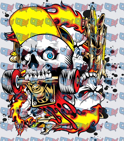 Flaming Skull Biting Skateboard Truck Yellow Cap (DTF)