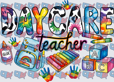 Daycare Teacher Tie Dye Colorful School Supplies (DTF)