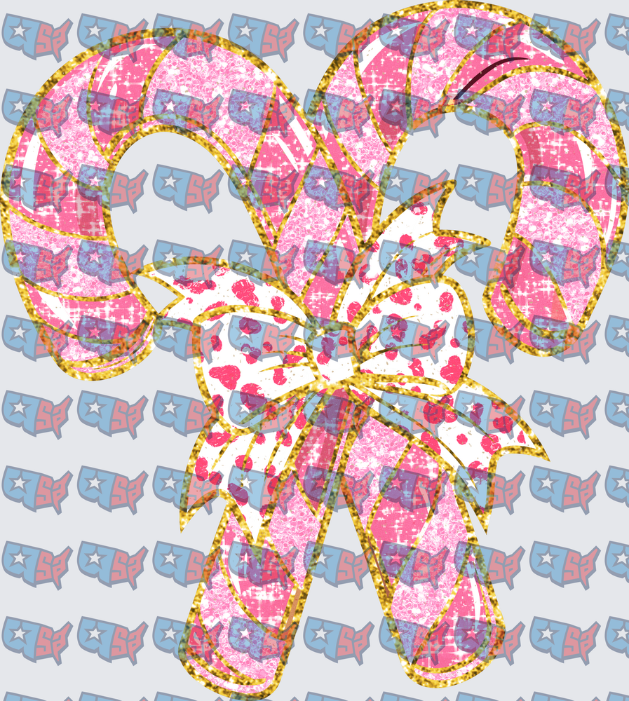 Glittery Pink Patchwork Candy Canes With Bow (DTF)