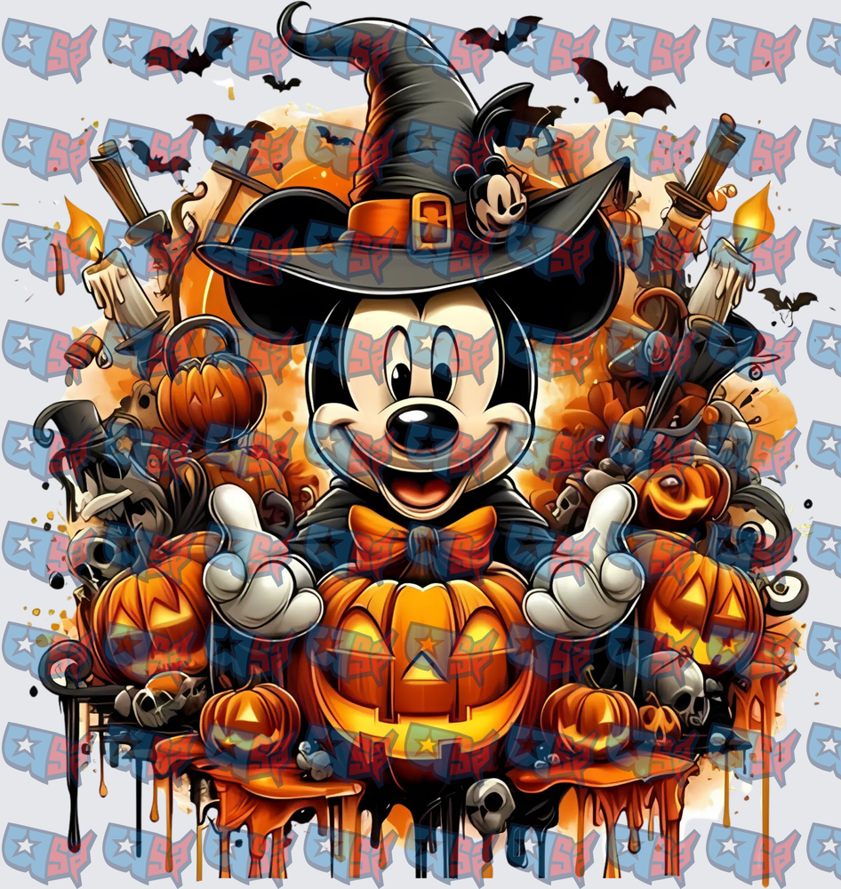 Classic Cartoon Mouse Halloween Witch Pumpkin Scene (DTF)