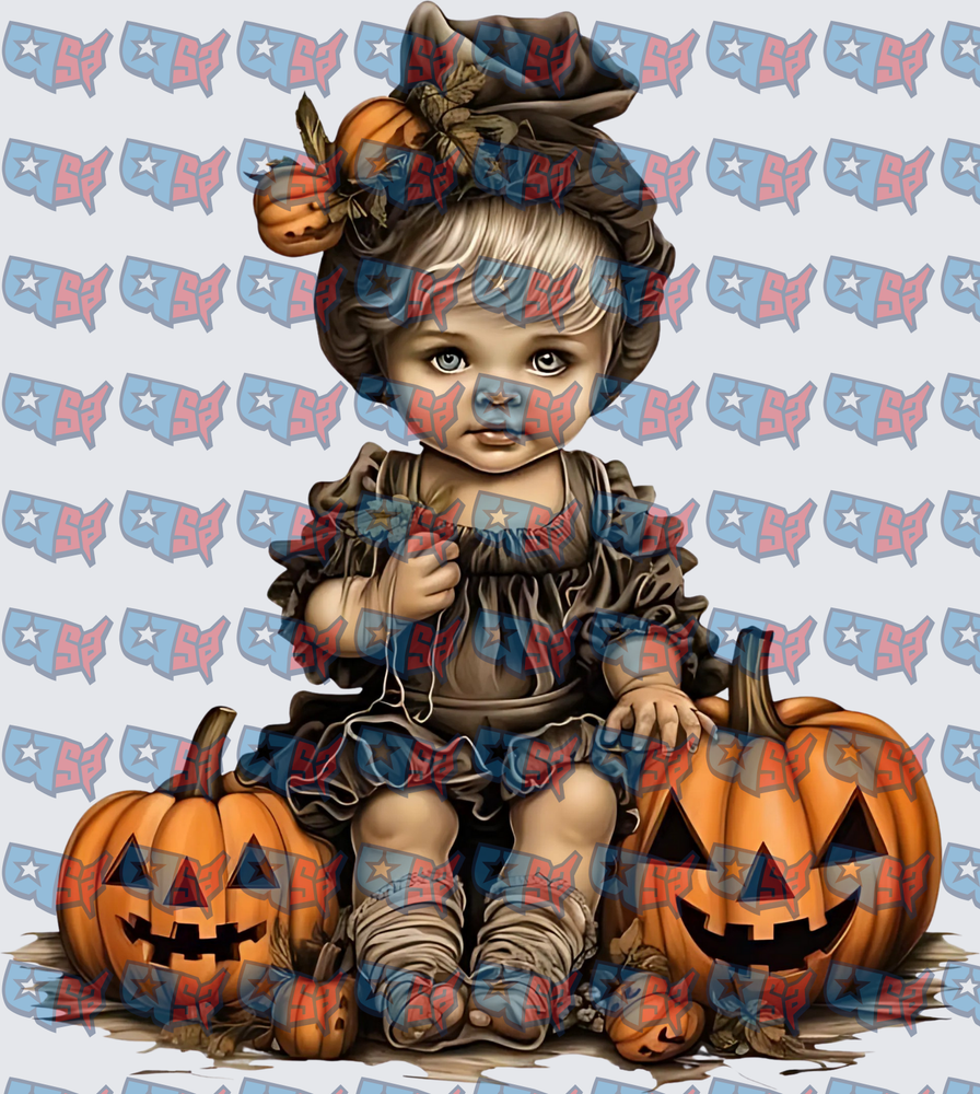 Vintage Baby Witch Girl With Halloween Jack-O-Lanterns (DTF)
