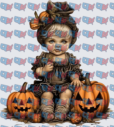 Vintage Baby Witch Girl With Halloween Jack-O-Lanterns (DTF)
