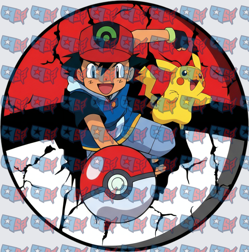 Ash Ketchum and Pikachu Cracked Pokeball Circle Design (DTF)