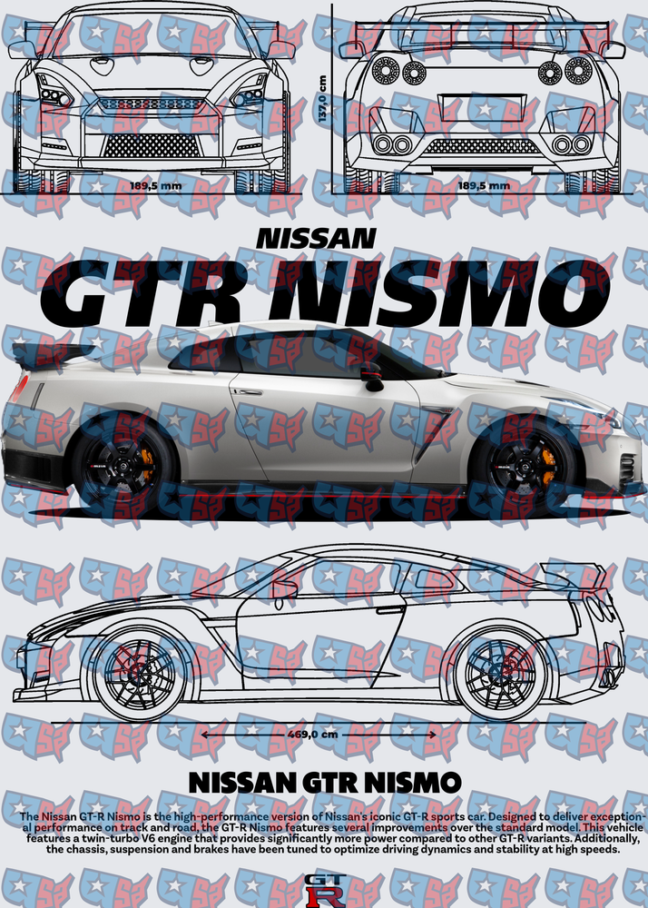 Nissan GTR Nismo Blueprint Multi-View Technical Drawing (DTF)