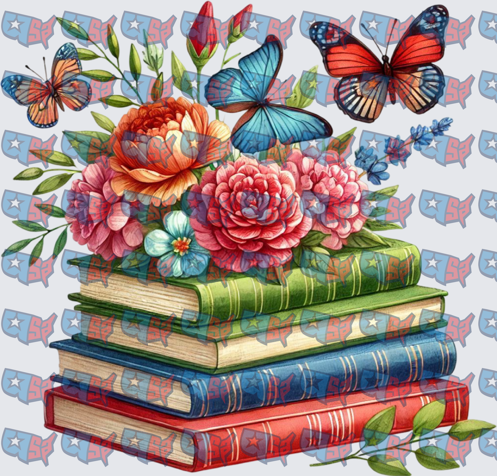 Stacked Books Floral Bouquet Butterflies Watercolor (DTF)