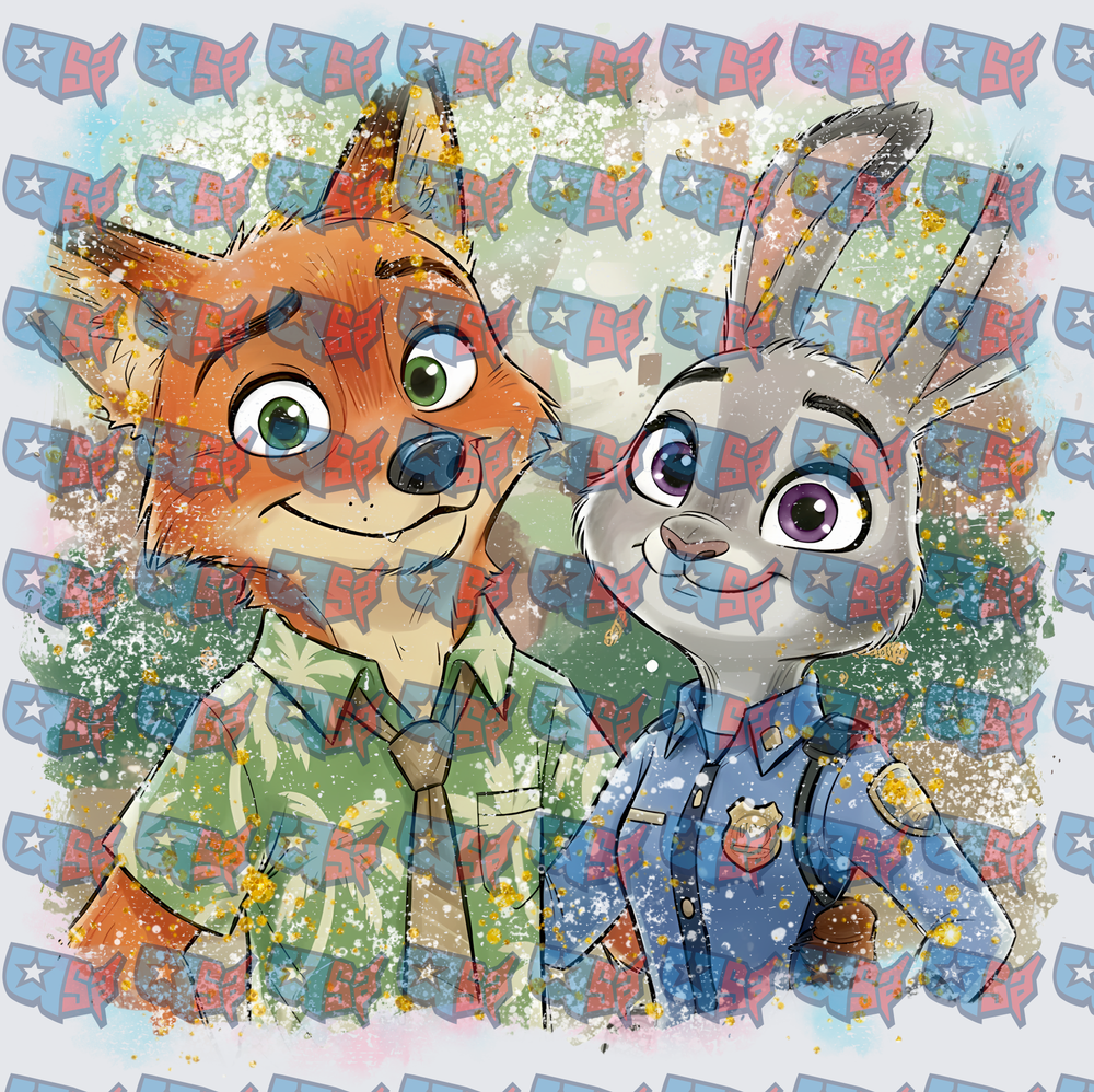 Fox and Bunny Police Officer Duo Watercolor Splash (DTF)