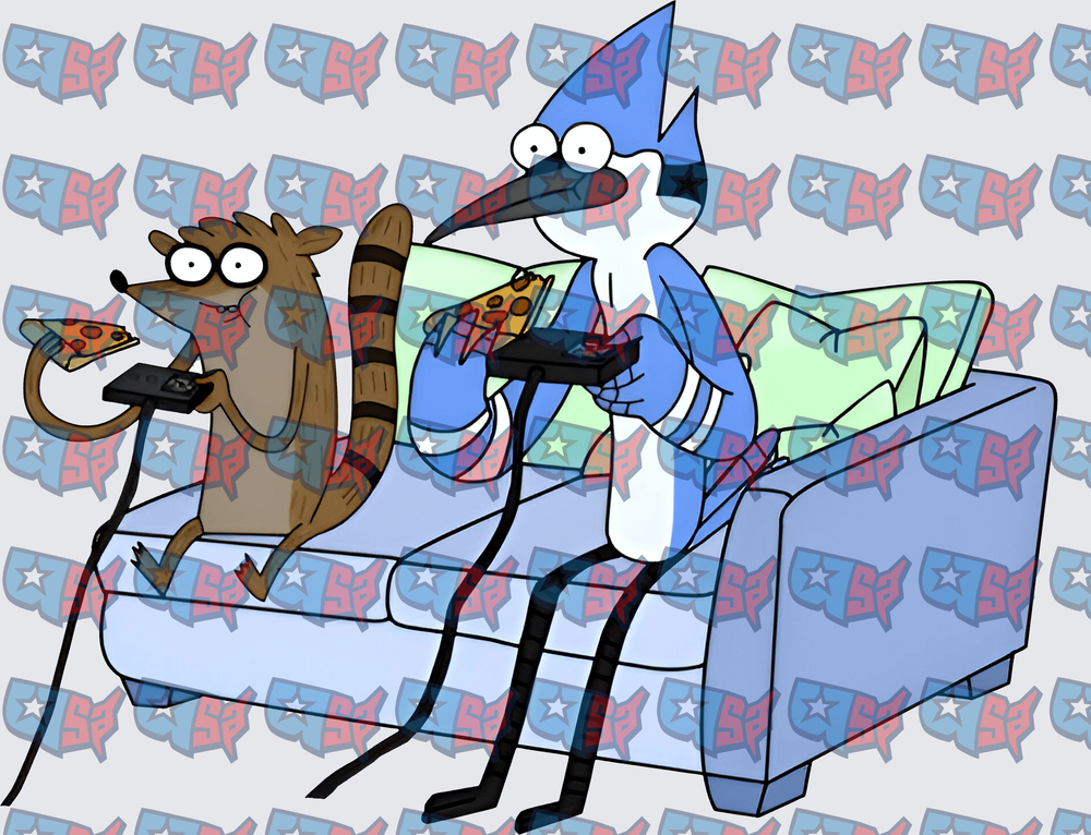 Blue Jay and Raccoon Gaming on Couch with Pizza (DTF)